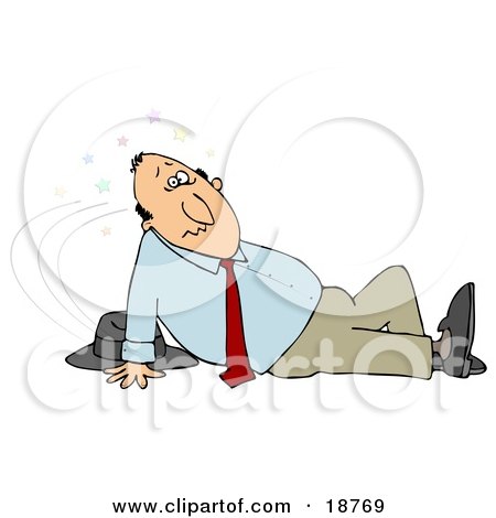 Clipart Illustration of a Dazed And Confused Businessman, Seeing Stars And Sitting On The Floor After Taking A Nasty Fall And Injuring Himself At The Office by djart