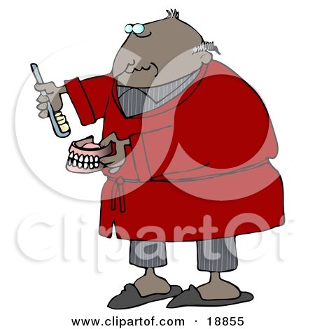 Clipart Illustration of an Old Balding Black Man In Gray Pjs And A Red Robe, Putting Glue On Or Brushing His False Teeth And Dentures by djart