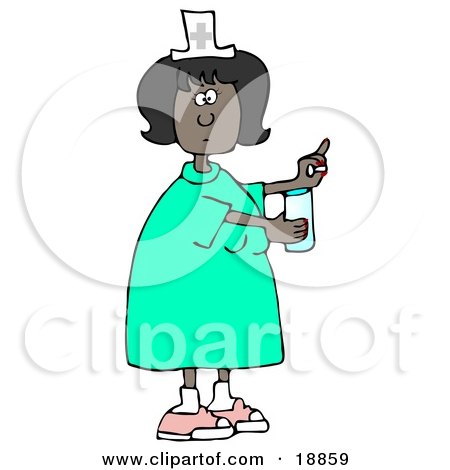 Clipart Illustration of a Female African American Nurse In A Green Dress, Holding A Glass Of Water And A Pill For A Patient In A Hospital by djart