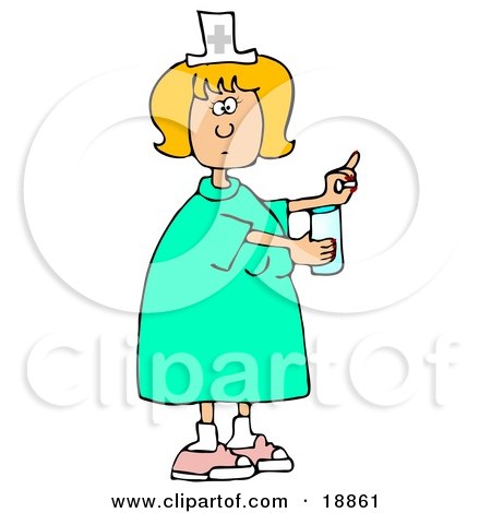 Clipart Illustration of a Female Caucasian Nurse In A Green Dress, Holding A Glass Of Water And A Pill For A Patient In A Hospital by djart