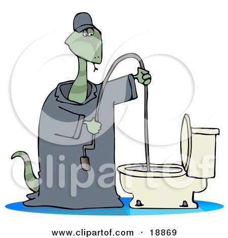 Clipart Illustration of a Plumber Snake Using A Toilet Jack To Unclog A Toilet by djart