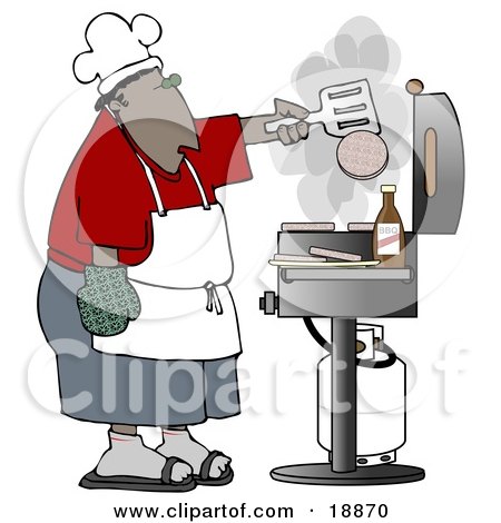 Clipart Illustration of an African American Man Cooking Hamburger Patties On A Gas Grill At A Barbecue Party by djart