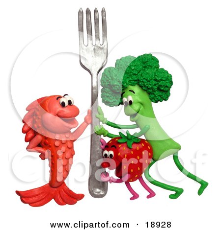 3d Broccoli Strawberry And Fish Holding Up A Fork Posters, Art Prints