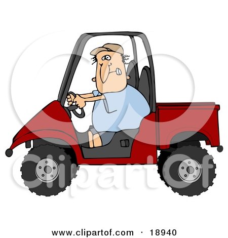 Clipart Illustration of a Nervous White Man Driving A Red UTV On The Job For The First Time by djart