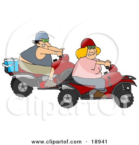 Clipart Illustration of an Adventurous White Couple, A Man And A Blond Woman, Riding On Red ATVs by djart