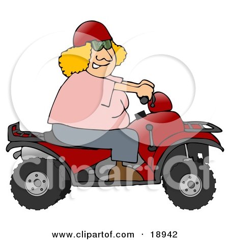 Clipart Illustration of an Adventurous Blond White Woman Wearing A Red Helmet And Riding A Red ATV by djart