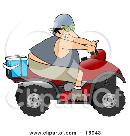 Clipart Illustration of an Adventurous White Man Riding A Red ATV With An Ice Box On The Back by djart