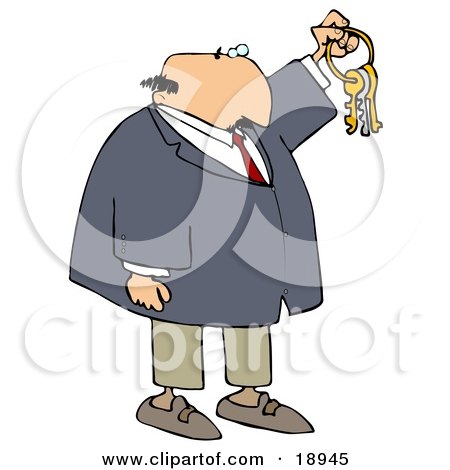 Clipart Illustration of a Bald White Businessman Holding Up Keys On A Ring by djart