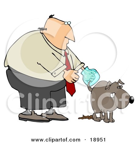 Clipart Illustration of a Bald Middle Aged White Man Wearing A Plastic Bag On His Hand, Waiting For His Dog To Finish Pooping So He Can Pick It Up by djart
