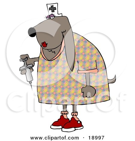 Clipart Illustration of a Female Bloodhound Dog Nurse Wearing A White Hat With A Cross And Holding A Syringe With Medicine Inside by djart