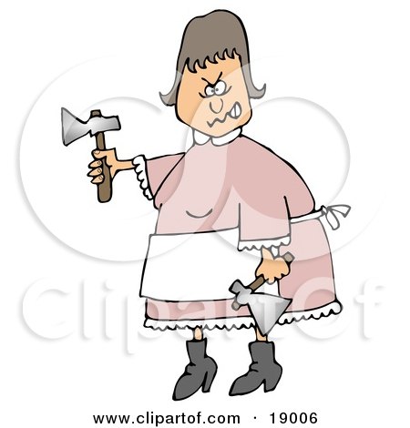 Clipart Illustration of Mad Lizzie Borden Wearing An Apron Over A Pink Dress, Waving Hatchets In The Air And Clenching Her Teeth by djart