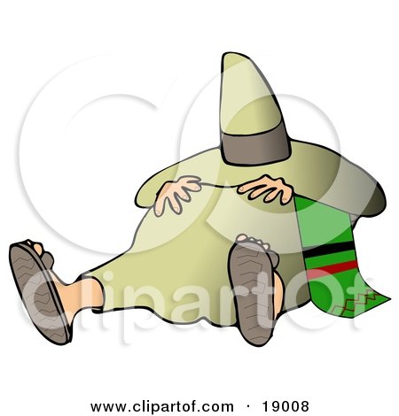 Clipart Illustration of a Tired Mexican Man Resting His Hands On His Belly And Hiding His Face From The Sun With A Sombrero While Taking A Nap, Commonly Known As A Siesta by djart