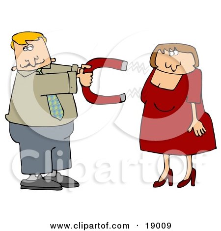 Clipart Illustration of a Desperate Man In Need Of Love, Holding A Chick Magnet Out To Attract A Beautiful Woman In A Red Dress by djart