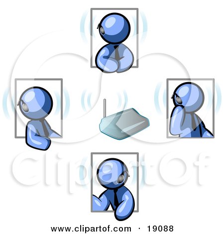 Clipart Illustration of a Group of Four Blue Men Holding A Phone Meeting And Wearing Wireless Bluetooth Headsets by Leo Blanchette