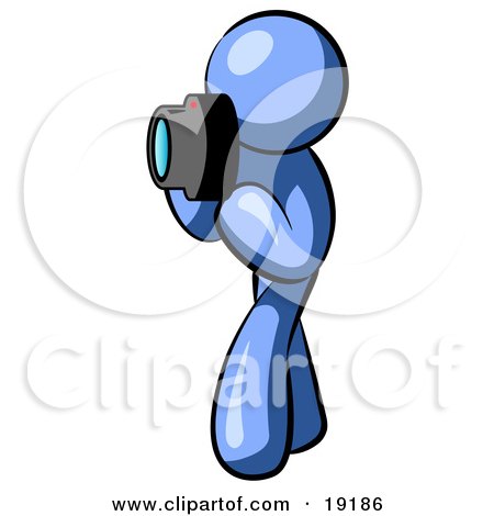 Clipart Illustration of a Blue Man Character Tourist Or Photographer Taking Pictures With A Camera by Leo Blanchette