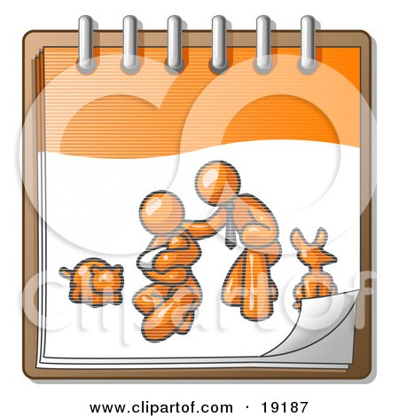 Clipart Illustration of an Orange Family Showing A Man Kneeling Beside His Wife And Newborn Baby With Their Dog And Cat On A Notebook, Symbolizing Family Planning by Leo Blanchette