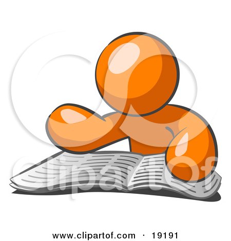 Clipart Illustration of an Orange Man Character Seated And Reading The Daily Newspaper To Brush Up On Current Events by Leo Blanchette