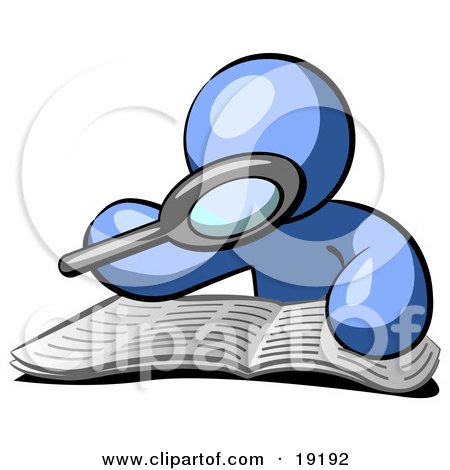 Clipart Illustration of a Blue Man Character Using A Magnifying Glass To Examine The Facts In The Daily Newspaper by Leo Blanchette