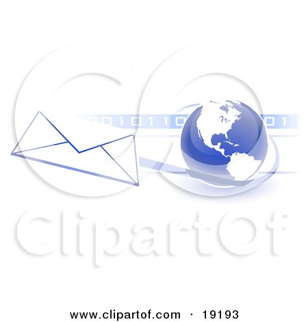 Clipart Illustration of a Blue Blue Globe With White American Continents Against A Numeric Binary Code Bar And A Speeding Envelope Passing By With A Blue Trail, Symbolizing Email And Internet Communications by Leo Blanchette