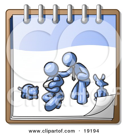 Clipart Illustration of a Blue Family Showing A Man Kneeling Beside His Wife And Newborn Baby With Their Dog And Cat On A Notebook, Symbolizing Family Planning by Leo Blanchette