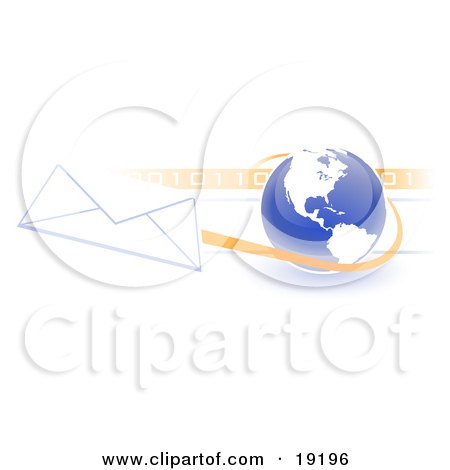 Clipart Illustration of a Blue Blue Globe With White American Continents Against A Numeric Binary Code Bar And A Speeding Envelope Passing By, Symbolizing Email And Internet Communications by Leo Blanchette