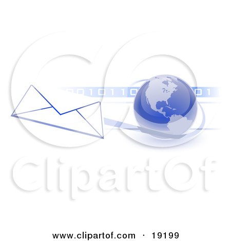 Clipart Illustration of a Blue Blue Globe With Shaded American Continents Against A Numeric Binary Code Bar And A Speeding Envelope Passing By, Symbolizing Email And Internet Communications by Leo Blanchette