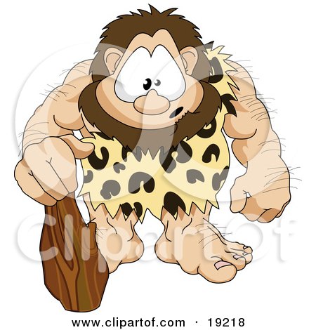Clipart Illustration of a Hairy, Muscular Prehistoric Caveman Wearing A Leopard Print Cloth And Leaning On A Club, With A Cute Facial Expression by AtStockIllustration