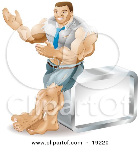 Clipart Illustration of a Muscular Body Builder Businessman Bulging Out Of His Clothes And Gesturing With His Hands While Leaning Against A Cube by AtStockIllustration