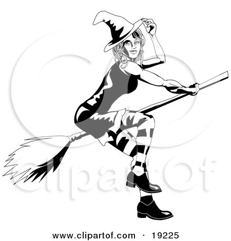 Clipart Illustration of a Beautiful Young Witch Tipping Her Hat While Flying By On A Broom by AtStockIllustration