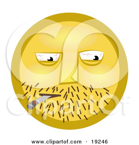 Clipart Illustration of a Yellow Smiley Face Guy With Stubble And Bloodshot Eyes Getting High Off Of A Doobie by AtStockIllustration