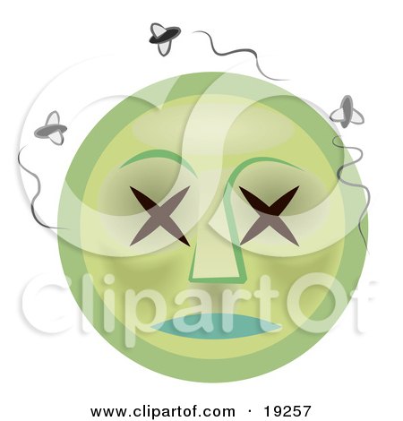 Clipart Illustration of a Stinky Dead Green Rotten Smiley Face With X's For Eyes, Surrounded By Swarming Flies by AtStockIllustration