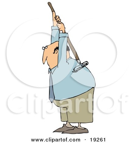 Clipart Illustration of a Bald White Businessman Scratching An Itch On His Back With A Garden Rake by djart
