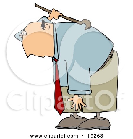 Clipart Illustration of a Bald White Businessman Bending Over And Scratching An Itch On His Back With A Back Scratcher by djart
