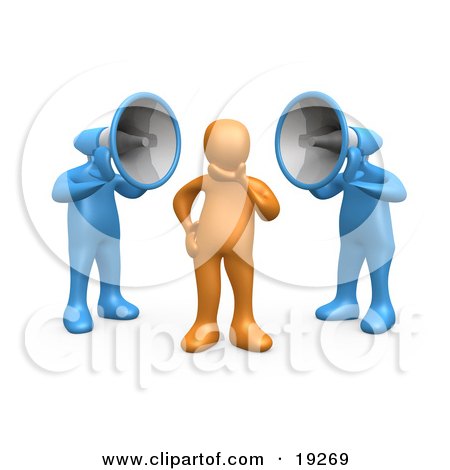 Clipart Illustration of Two Blue Megaphone Headed People Shouting At An Orange Person, Trying To Influence His Beliefs by 3poD