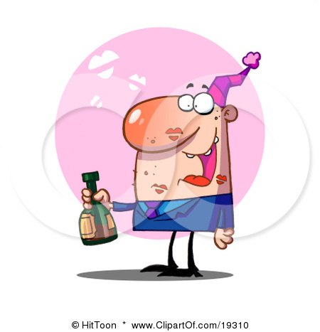 Clipart Illustration Of A Pleased Guy With Lipstick Smooches All Over His Face, Holding A Bottle Of Liquor At A Bachelor Party by Hit Toon