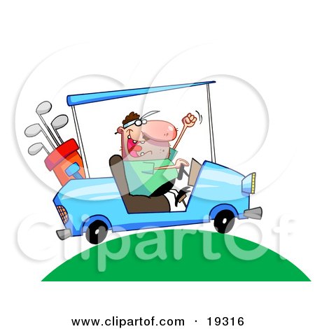 Clipart Illustration Of An Excited Man Driving A Blue Golf Car With His Clubs In The Back Up Over A Green Hill On A Golf Course by Hit Toon