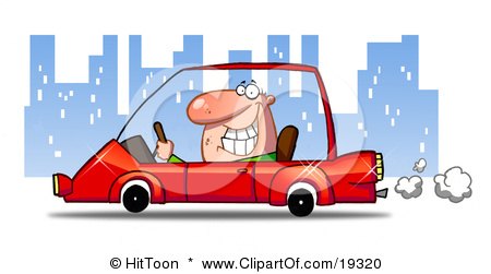 Clipart Illustration Of A Man Smiling And Passing By While Driving His New Red Compact Car Through The City At Night by Hit Toon