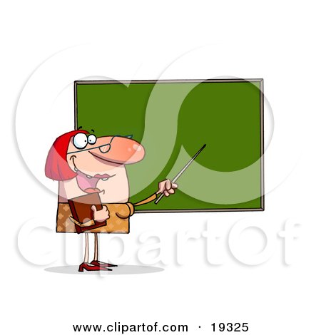 Clipart Illustration Of A Red Haired School Teacher In A Yellow Dress, Holding A Book And Using Her Pointer While Standing And Teaching At The Chalk Board In Front Of Her Class by Hit Toon