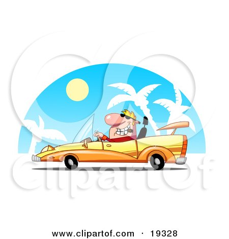 Clipart Illustration Of A Rich Blond Dude Driving A Hot Set Of Wheels, A Convertible Yellow Car by Hit Toon