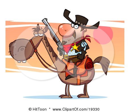 Clipart Illustration Of A Western Sheriff Cowboy With A Golden Badge, Holding A Rifle And Riding Horseback While Searching For Wanted Outlaws by Hit Toon