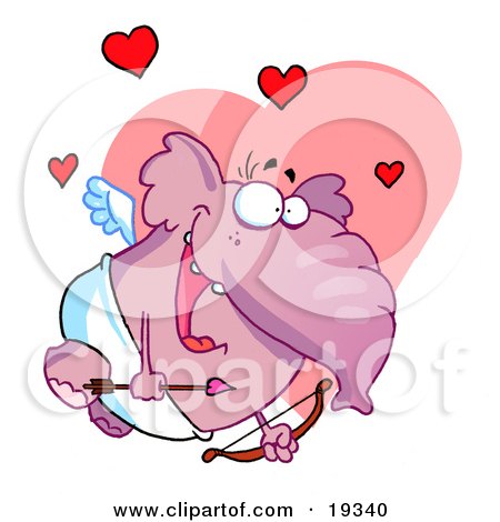 Clipart Illustration Of A Love Crazed Pink Winged Elephant In A Loin Cloth, Flying With A Bow And Arrow, Waiting To Shoot Someone Like Cupid by Hit Toon