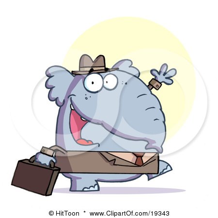 Clipart Illustration Of A Gray Elephant Business Guy In A Hat And Suit, Carrying A Briefcase To Work And Waving by Hit Toon