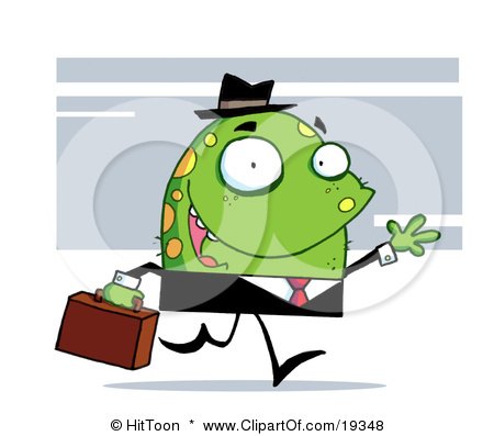 Clipart Illustration Of A Green Monster With Yellow Spots, Wearing A Business Suit And Hat And Carrying A Briefcase To Work by Hit Toon