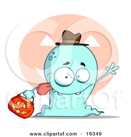 Goofy Blue Toothy Ghost Sticking His Tongue Out And Waving While Trick Or Treating With A Pumpkin Bucket Posters, Art Prints