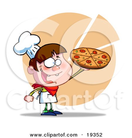 Clipart Illustration Of A Young Happy Male Chef In A Chefs Hat And Apron, Proudly Holding Up His Gourmet Pepperoni Pizza Pie In His Pizza Parlor by Hit Toon