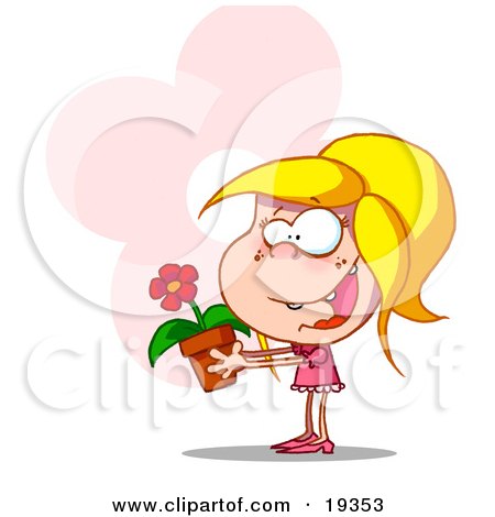 Clipart Illustration Of A Happy Blond Girl In Pink Holding A Flower Pot With A Blooming Red Daisy by Hit Toon