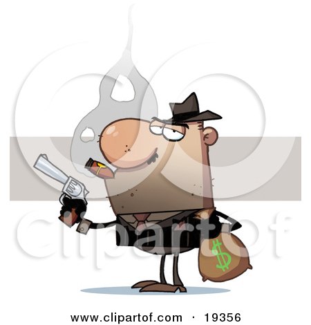 Clipart Illustration Of A Bank Robber Carrying A Money Bag Full Of Cash And Holding A Pistil While Smoking A Cigar After Stealing From The Bank by Hit Toon