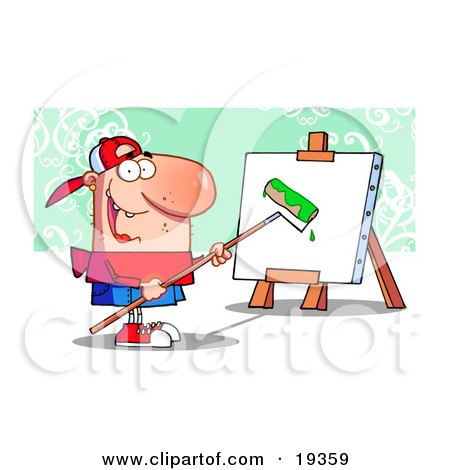 Clipart Illustration Of A Young Painter Guy Wearing A Hat, Using A Long Handled Paint Roller To Apply Bright Green Paint To A Canvas On An Easel by Hit Toon