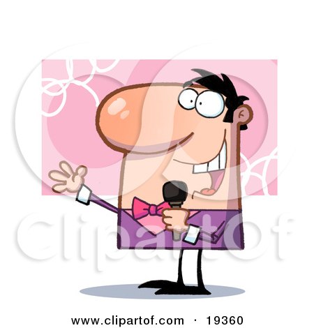 Clipart Illustration Of A Caucasian Guy In Pink And Purple Singing Into A Microphone While Performing On Stage At A Concert by Hit Toon