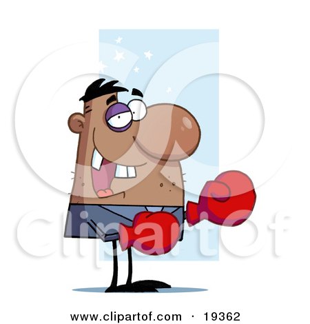 Clipart Illustration Of A Black Eyed, Stubbled, Missing Toothed Boxer Guy Wearing Red Gloves And Laughing by Hit Toon